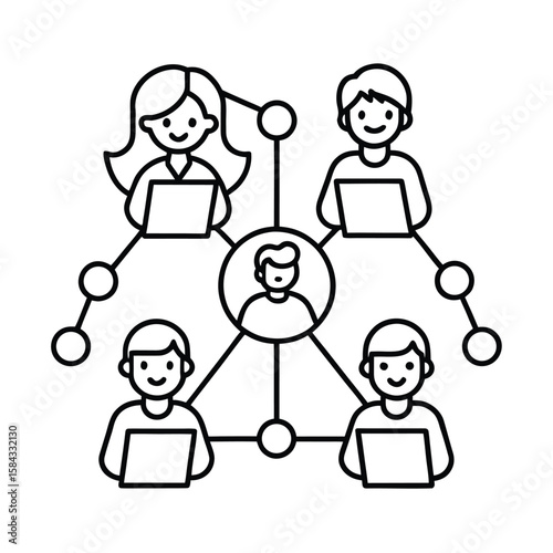 People working in harmony to manage task delegation and productivity in office teamwork environment vector line art on white background