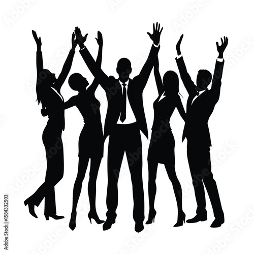 Silhouette vector image of team high fiving after successful project launch showing celebration teamwork