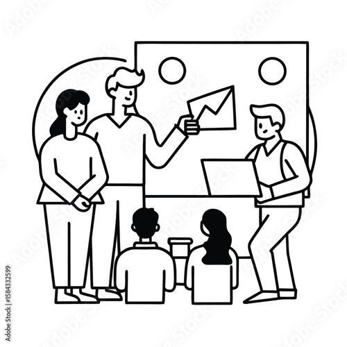 Startup team collaborating on funding pitch presentation with innovation ideas and teamwork strategy vector line art on white background