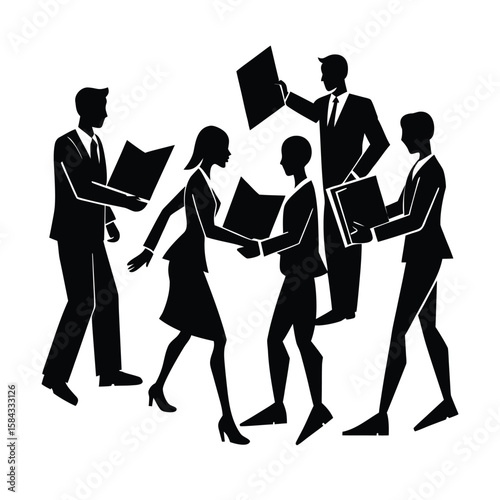 Vector silhouette of people passing documents to each other symbolizing workflow and task handoff