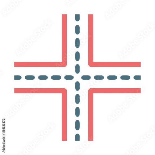 Simple flat design crossroads intersection with dashed lines and red borders