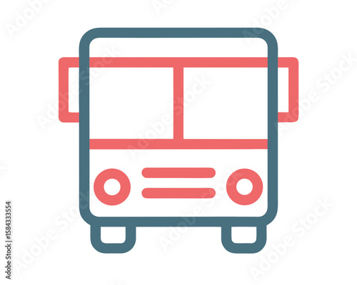 Simple flat icon of a front view of a bus in blue and coral colors