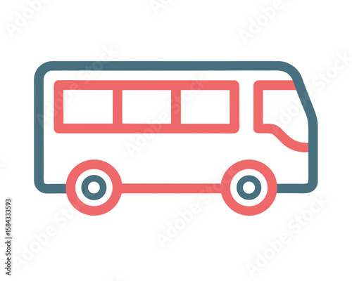 Simple line art icon of a bus with red and blue outline on white background