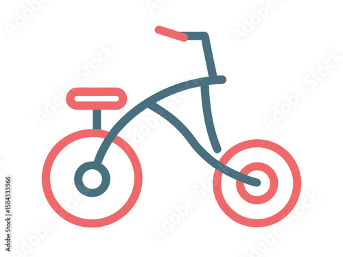 Simple line art icon of a vintage penny farthing bicycle in blue and coral
