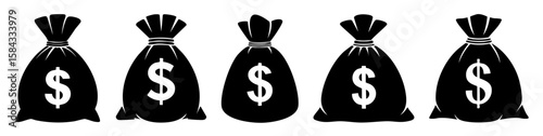 Money Bags With Dollar Signs, Clean And Minimal Vector Illustrations Representing Wealth, Finance, Savings, And Economic Growth, Flat Black Silhouettes Isolated On White Background