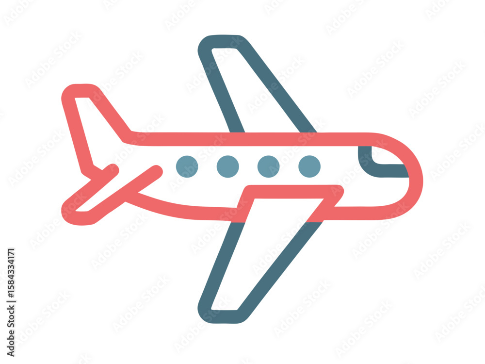 Fototapeta premium Simple stylized airplane icon with coral and teal outline on white background