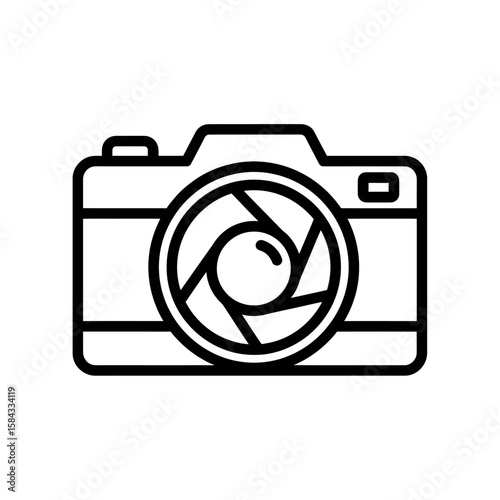 A minimalist line art illustration of a camera with a prominent lens.