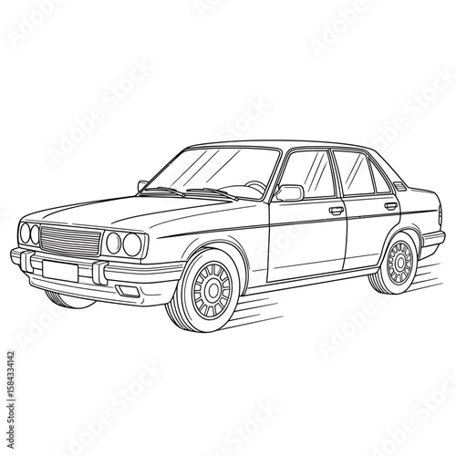 Line drawing of a classic sedan car, showcasing its exterior design and details.
