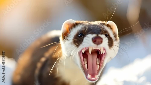 Close-up Portrait of a Ferret Displaying Teeth in a Winter Landscape with Bright Sunlight