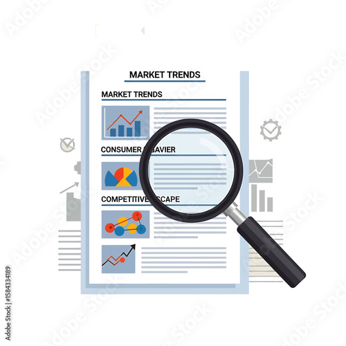 Market research analysis displayed with magnifying glass, charts, and graphs illustrating consumer behavior and competitive landscape.