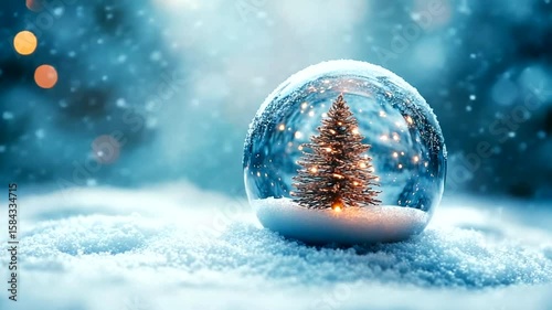 Captivating snow globe scene featuring a Christmas tree amidst a snowy, wintery landscape