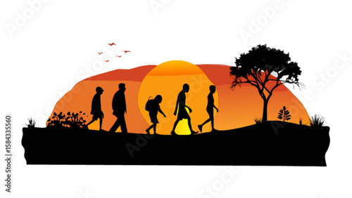Human evolution silhouette vector illustration with sunset background for biology and science projects