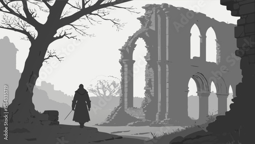 Monochrome landscape of a lone wanderer near abbey ruins digital art style illustration artwork journey