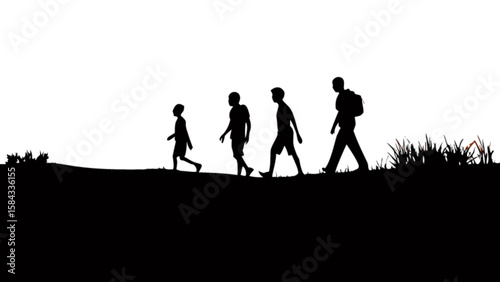 Silhouette family walking outdoor adventure together vector illustration design concept art travel trip vacation