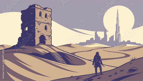 Desert landscape illustration with ancient tower, futuristic city, and lone wanderer art design vector