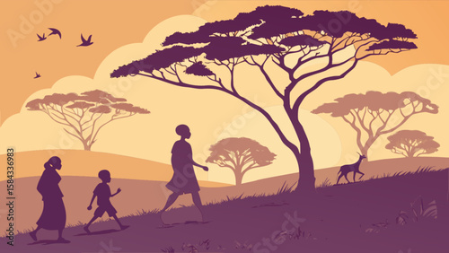 African savanna landscape illustration with family walking and wildlife scenery background vector art
