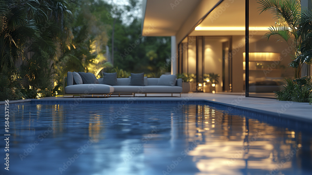 Modern outdoor sectional sofa beside illuminated swimming pool at night with luxury house and tropical plants in background, creating calm and inviting atmosphere Modern outdoor sectional sofa beside illuminated swimming pool at night with luxury house and tropical plants in background, creating calm and inviting atmosphere
