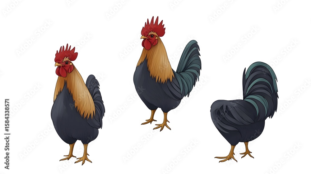 Fototapeta premium Three roosters in various perspectives.