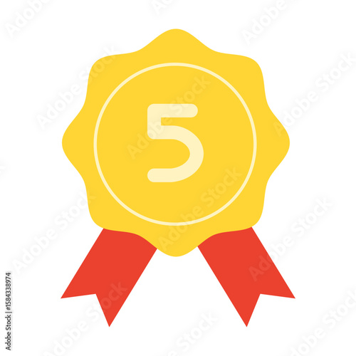 A bright yellow badge with the number 5 and a red ribbon, ideal for rewarding achievements and educational content in a fun and colorful style.