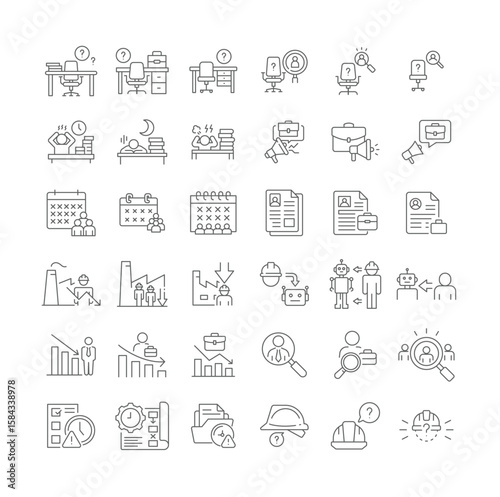 Labor shortage crisis icon set. Outline style with editable stroke. Includes workforce gap, hiring issue, employee burnout, unfilled job, automation impact, and staffing problem.