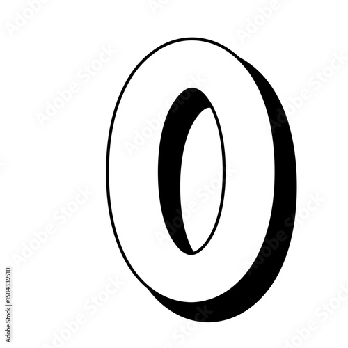 Three-dimensional black and white number zero with shadow. Ideal for modern number sets, educational materials, or graphic design elements.