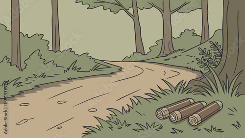 Cartoon forest path with camping gear and trees illustration for outdoor adventure and nature scenery drawing