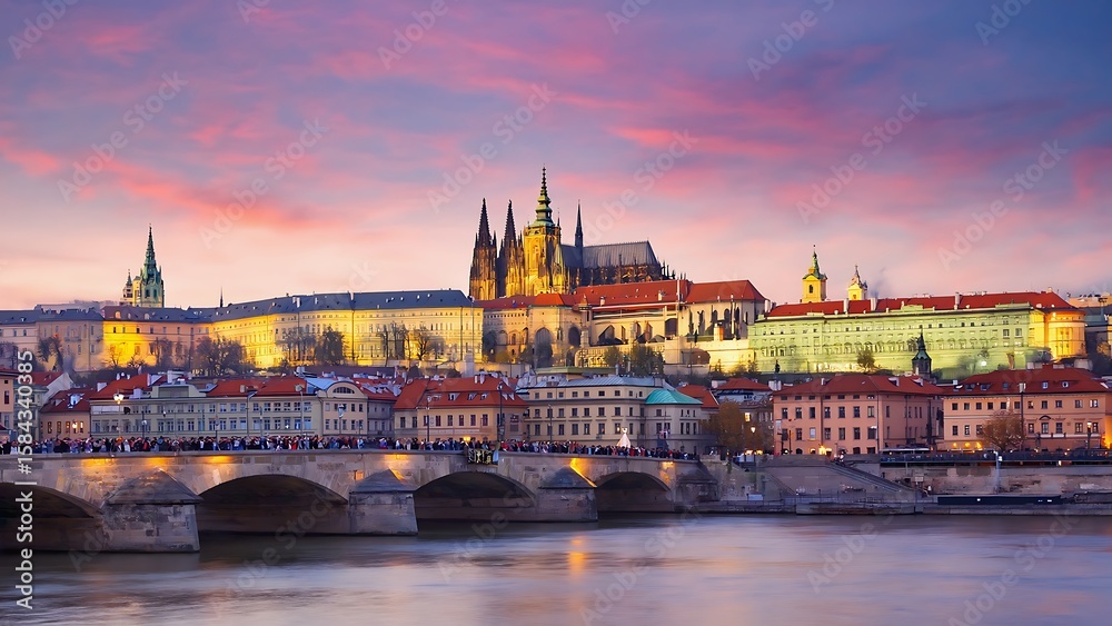 Fototapeta premium Prague's Charles Bridge and Castle at Sunset, reflecting on the Vltava river, a picturesque cityscape.