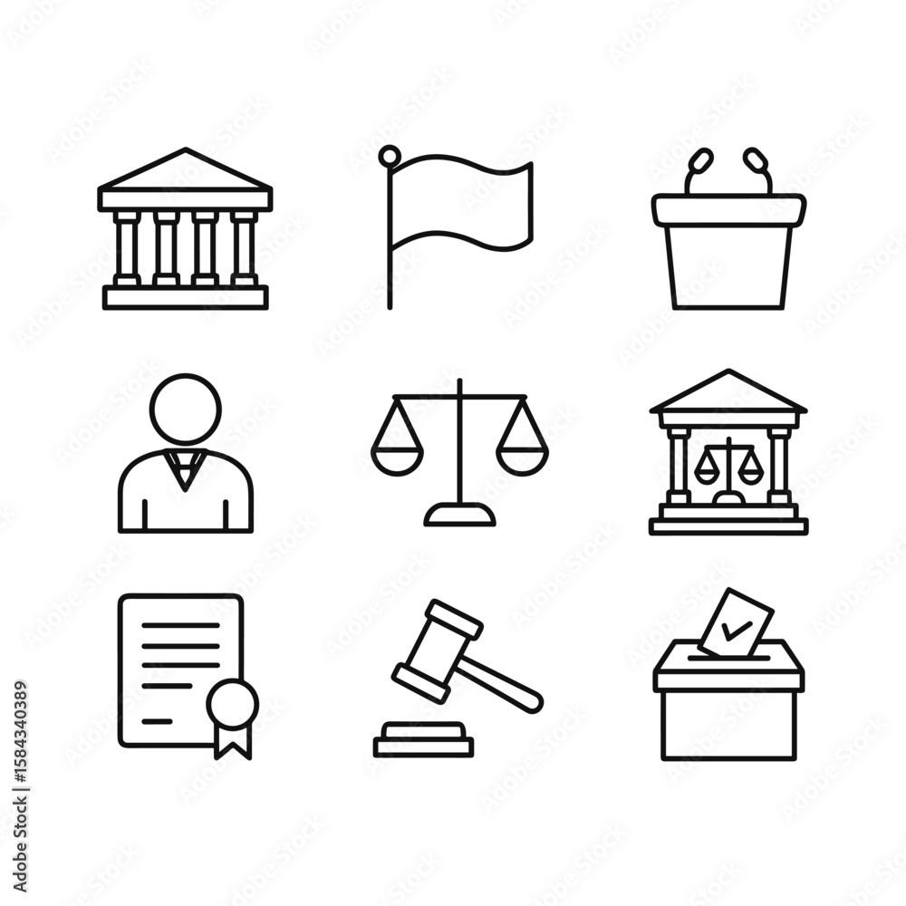Political and government administration icons. Outline symbols. Line design Political and government administration icons. Outline symbols. Line design