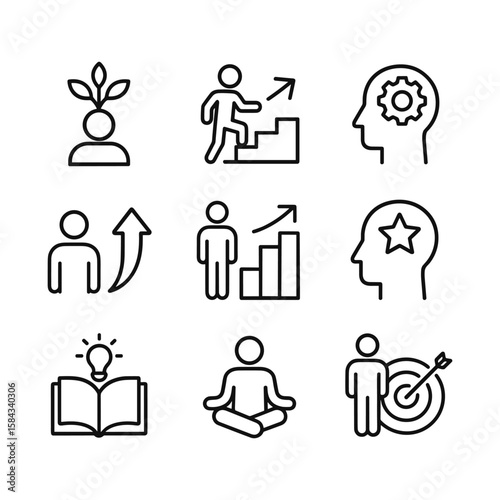 Personal development and growth symbol collection. Outline symbols. Line design
