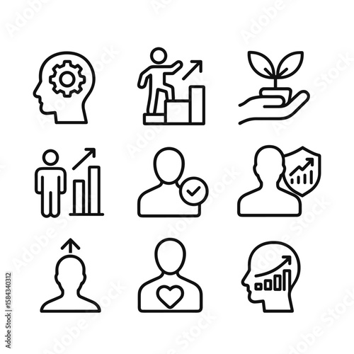 Self improvement and personal development icons. Outline symbols. Line design
