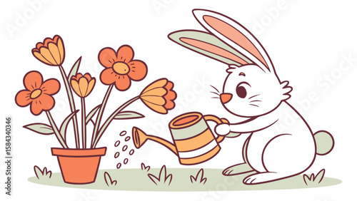 Cute bunny watering flowers in garden vector illustration spring gardening clip art for kids and adults