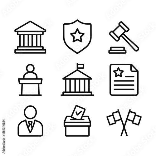 Government and public administration icons. Outline symbols. Line design