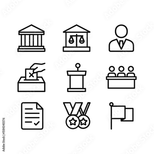 Government institution and public office icons. Outline symbols. Line design