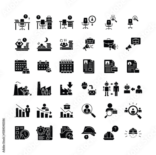 Labor shortage crisis icon set. Glyph style with black silhouette design. Includes hiring issue, worker gap, employee burnout, job vacancy, recruitment delay, automation risk, and factory impact.