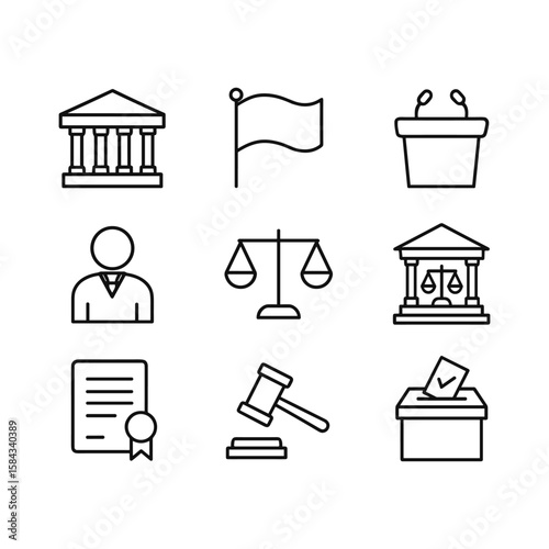 Political and government administration icons. Outline symbols. Line design