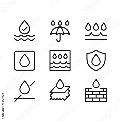 Water resistant icons vector pack. Outline symbols. Line design