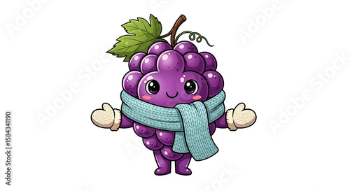 Cute Cartoon Grapes Character Wearing Scarf and Mittens on Transparent Background