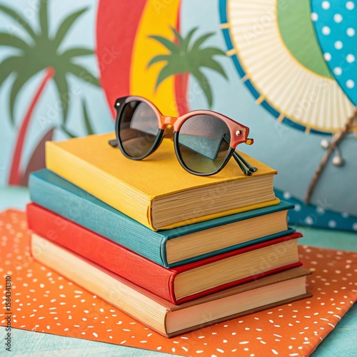 Summer Vacation Sunglasses Resting on Stack of Colorful Books Against Tropical Background