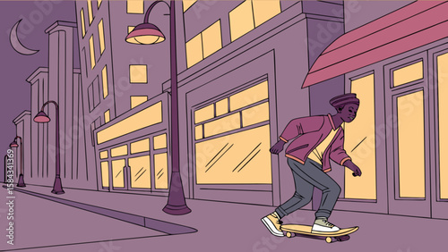 Illustration of skateboarder in city at night with buildings and streetlights for urban lifestyle content