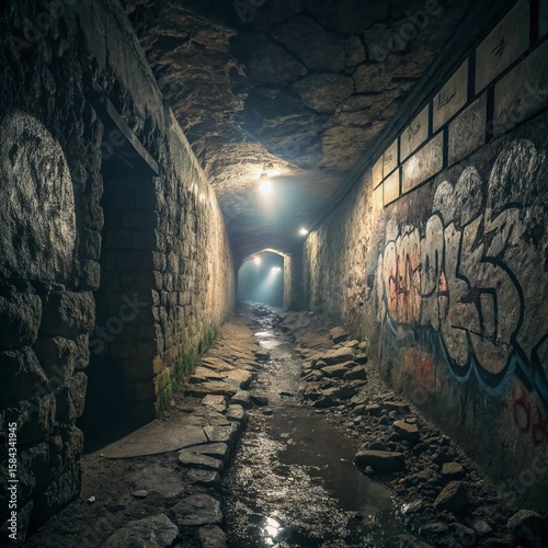 Dark Mysterious Stone Tunnel Passageway with at Night
