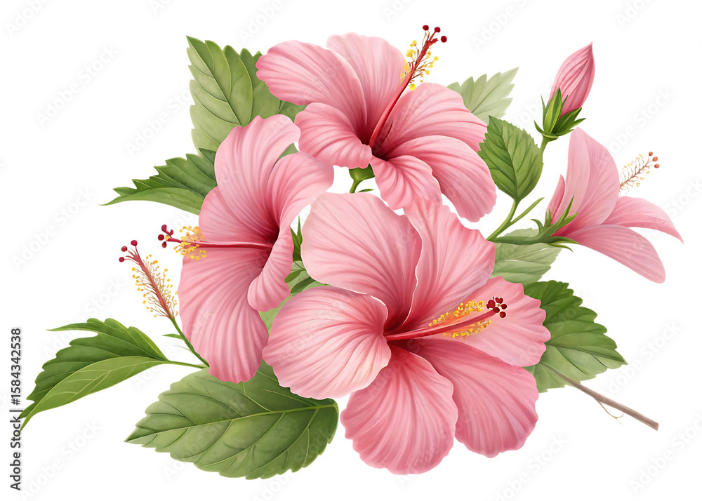 Obraz premium Beautiful pink hibiscus flowers and leaves isolated on transparent background
