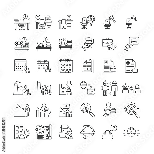 Labor shortage crisis icon set. Outline style vector in thin line. Shows workforce gap, hiring delay, employee burnout, resume search, job vacancy, automation threat, and industry disruption.