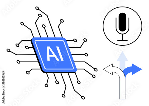 AI chip with radial circuit lines, microphone icon for voice control, and a decision branch symbolizing choices. Ideal for technology, AI, automation, voice control, decision-making, innovation