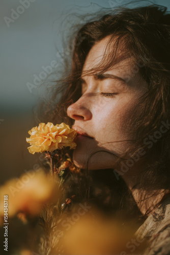 Woman flower yellow outdoor nature peaceful sunlight beauty woman with closed eyes enjoys scent