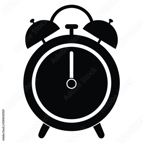 Classic Alarm Clock Depicting Midnight Hour in Black and White Icon Style