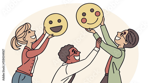 Employee Satisfaction Concept with Businesspeople Holding Joy Emojis Isolated Vector