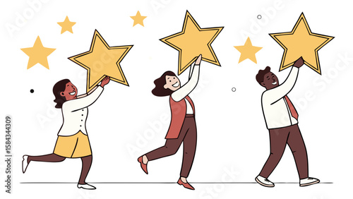 Employee Satisfaction Concept with Diverse Team Holding Stars Isolated Vector