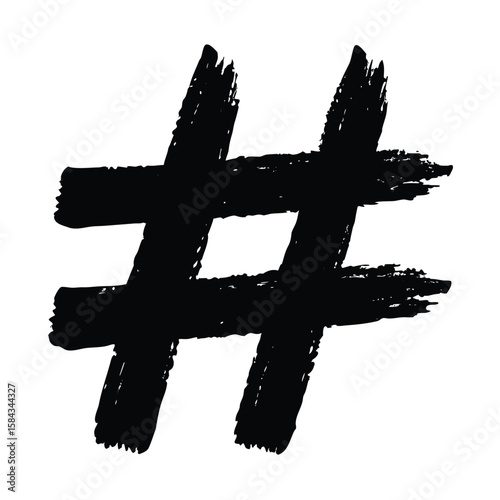 Distressed Hashtag Symbol with Brushstroke Effect in Black and White Illustration Style