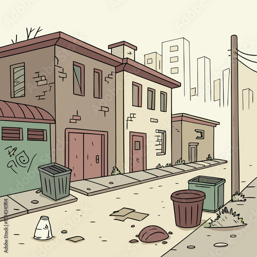 Run down urban street scene with dilapidated buildings overflowing trash cans and neglected