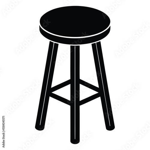 Isometric Black Stool Silhouette Isolated, Round Seat, Three Legs, Furniture Simplicity